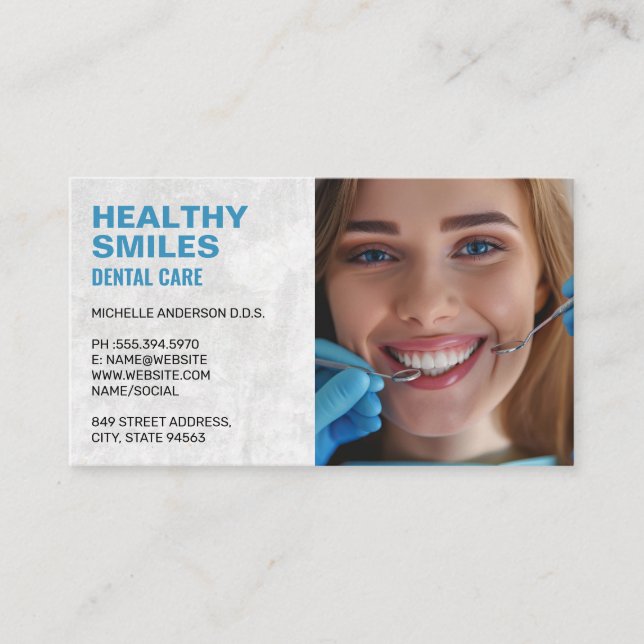 Smiling Woman Getting Teeth Cleaned Business Card (Front)