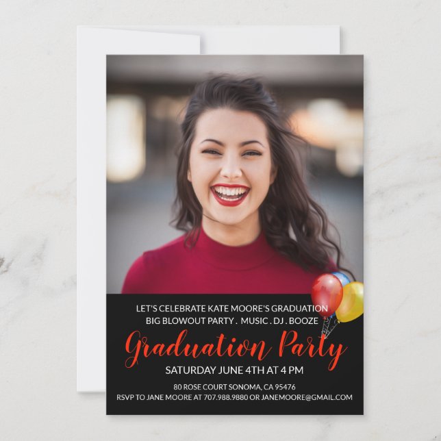 Smiling Woman In Red Graduation Party Invitation (Front)