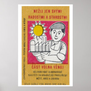 Smiling Worker Matchbox Art Print, Czech Vintage Poster