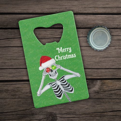 Smiling XMas Skeleton Santa Hat Ornaments Green Credit Card Bottle Opener