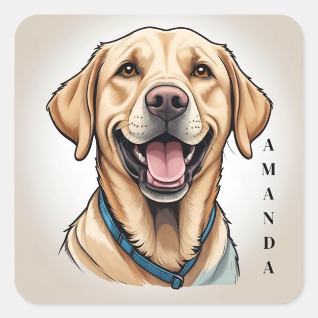 Smiling Yellow Labrador with a Blue Collar Square Sticker (Front)