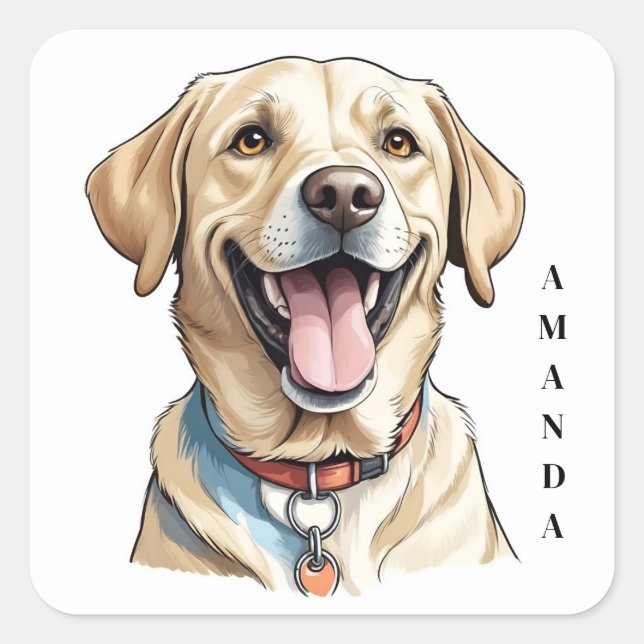 Smiling Yellow Labrador with Orange Collar Square Sticker (Front)