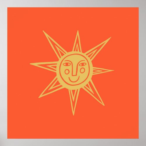 Smiling Yellow Sun Art Red Poster