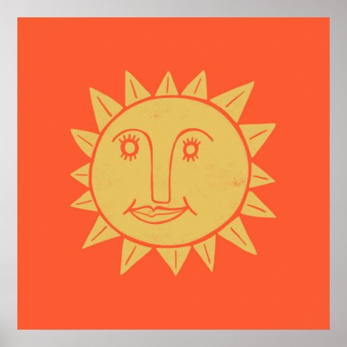 Smiling Yellow Sun Art Red Poster