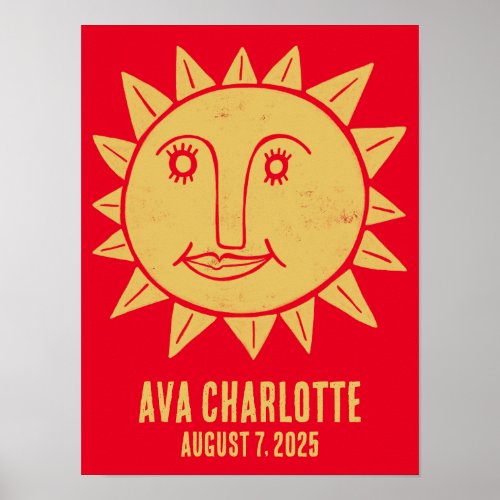 Smiling Yellow Sun CUSTOM BABY NAME BIRTHDATE Art Poster