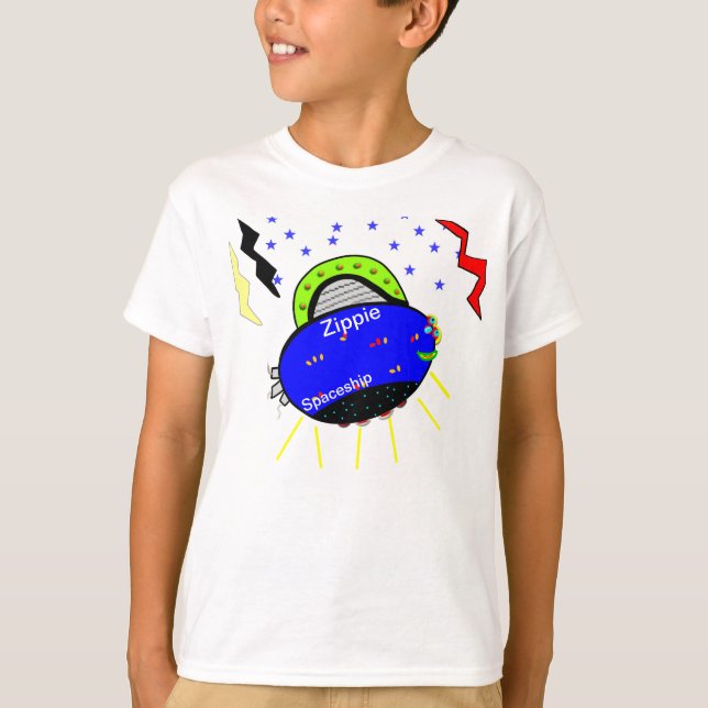 Smiling Zippie Blue Fish Spaceship and Stars T-Shirt (Front)