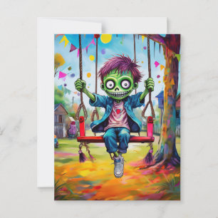 Smiling Zombie Kid on Swing with Party Flags Postcard