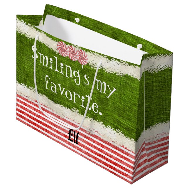 "Smiling's my favorite" Christmas Elf Quote (L) Large Gift Bag (Front Angled)