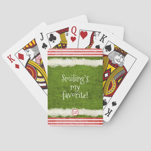 "Smiling's my favorite" Cute Christmas Elf Quote Poker Cards (Back)