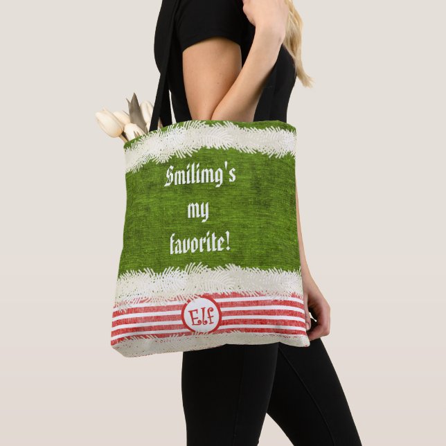 "Smiling's my favorite" Cute Christmas Elf Quote Tote Bag (Close Up)