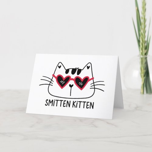 Smitten Kitten Valentines cat red heart sunglasses Holiday Card