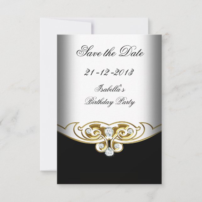 Sml Save the Date White Black Gold Diamond (Front)