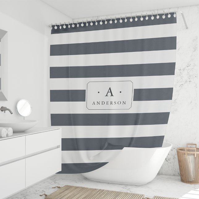 Smoke Blue Stripe Family Name & Monogram Shower Curtain (Creator Uploaded)