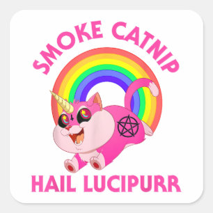 Smoke Catnip Hail Lucipurr, Funny Satan Cat Unicor Square Sticker