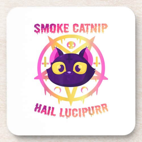 Smoke Catnip Hail Lucipurr Funny Satanic Cat Kitt Beverage Coaster