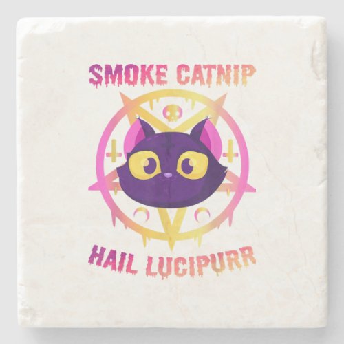 Smoke Catnip Hail Lucipurr Funny Satanic Cat Kitt Stone Coaster