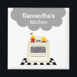 Smoke & Fire Retro Stove Kitchen Magnet<br><div class="desc">A kitchen magnet featuring an illustration of a beige stove sitting on a black and white checked floor. A red pot and a red pan are sitting on the front two eyes of the stove with fire shooting from them. Personalize with your name in the cloud of smoke over stove....</div>