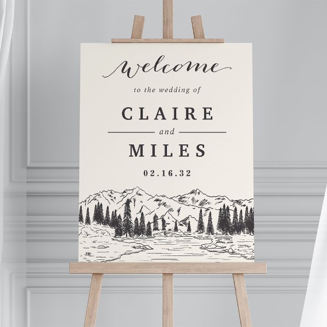 Smoke | Mountain Sketch Wedding Welcome Sign (Rustic mountain landscape wedding welcome sign)