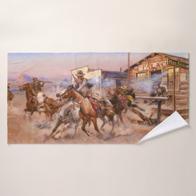 Smoke of a. 45, 1908 by Charles Marion Russell Bath Towel (Bath Towel)