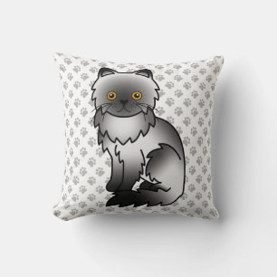 Smoke Persian Cute Cartoon Cat & Paws Throw Pillow