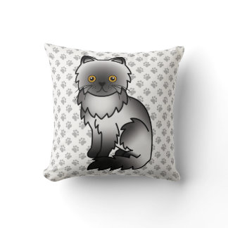 Smoke Persian Cute Cartoon Cat &amp; Paws Throw Pillow