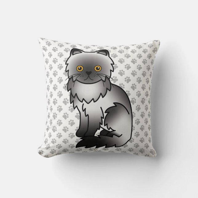 Smoke Persian Cute Cartoon Cat & Paws Throw Pillow (Front)