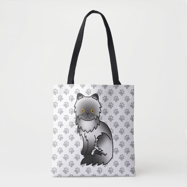 Smoke Persian Cute Cartoon Cat & Paws Tote Bag (Front)