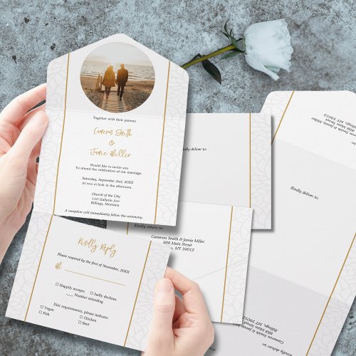 Smoke White Foliage Outline Gold Color Accents All In One Invitation