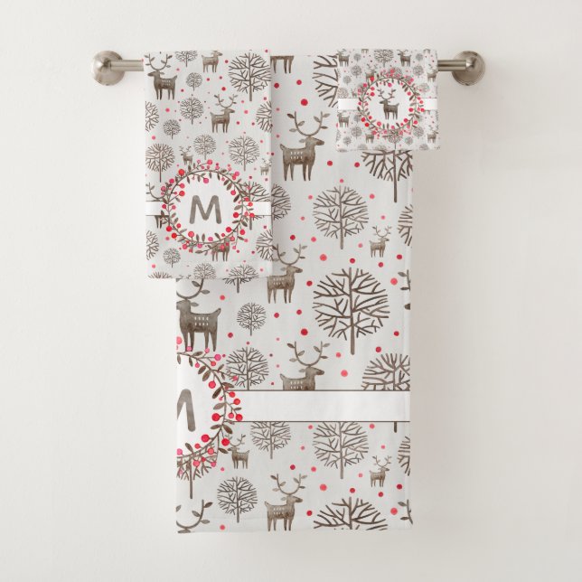 Smoke White Reindeer Pattern Watercolor Monogram Bath Towel Set (Insitu)