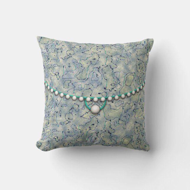 Smokey Aqua with Pearls Throw Pillow (Front)
