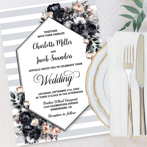 Smokey Black Floral Geometric Striped Wedding Invitation