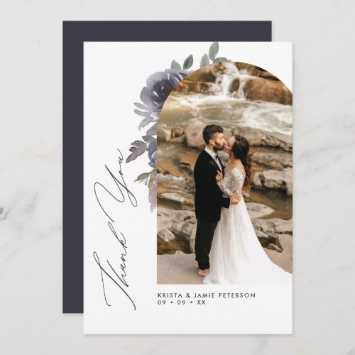 Smokey Blue Floral Arch  Script Photo Wedding Thank You Card