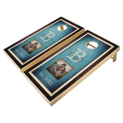 Smokey Blue Rustic Wood Tone Monogram Square Cornhole Set