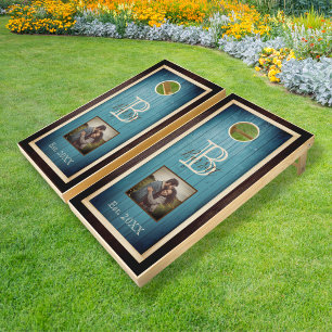Smokey Blue Rustic Wood Tone Monogram Square Cornhole Set