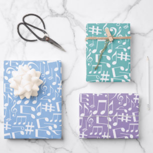 Smokey Blue w Dancing Music Notes Wrapping Paper Sheets