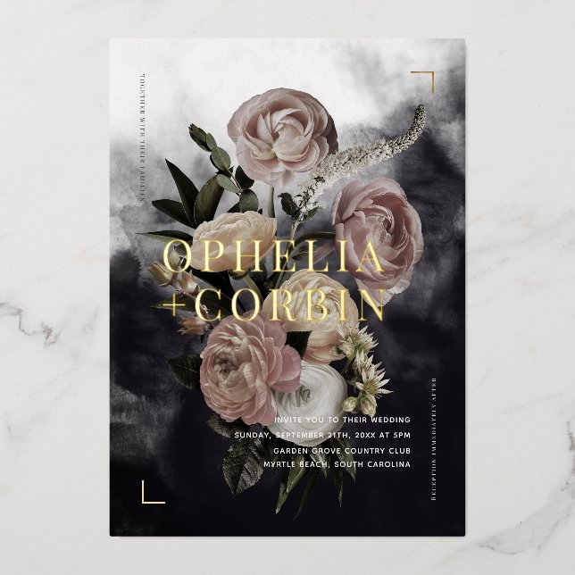 Smokey Dark Black Rose Bouquet Wedding Foil Invitation (Front)