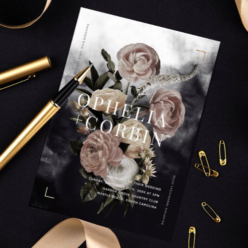 Smokey Dark Black Rose Bouquet Wedding Invitation