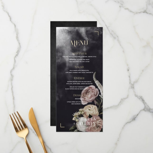 Smokey Dark Black Rose Bouquet Wedding Menu (Front/Back In Situ)