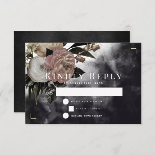 Smokey Dark Black Rose Bouquet Wedding RSVP Card