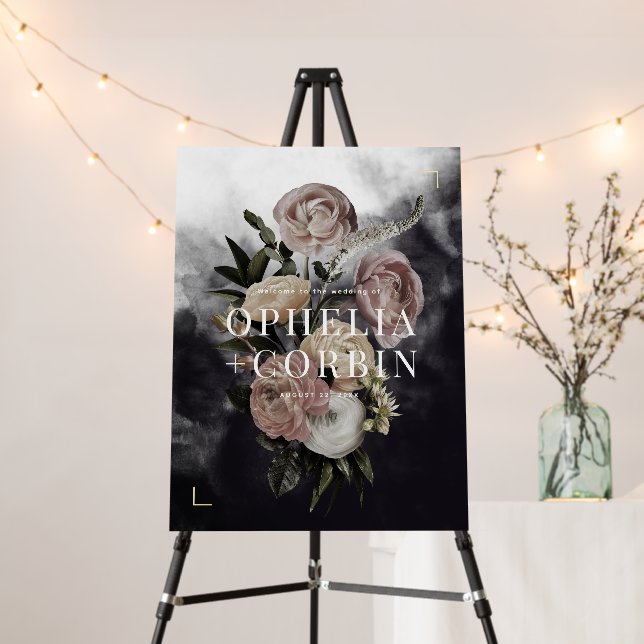 Smokey Dark Black Rose Bouquet Wedding Welcome Foam Board (In Situ (Stand))