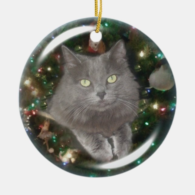 Smokey Gray Cat Ceramic Ornament (Front)