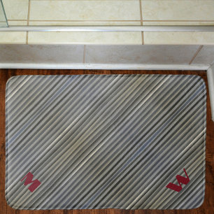 Smokey Gray Monochromatic Stripes Monogrammed Bath Mat