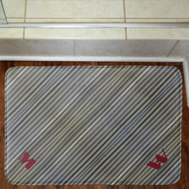 Smokey Gray Monochromatic Stripes Monogrammed Bath Mat (Creator Uploaded)