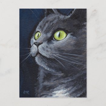 Smokey | Green Eyed Blue Grey Cat Portrait Postcard by LisaMarieArt at Zazzle