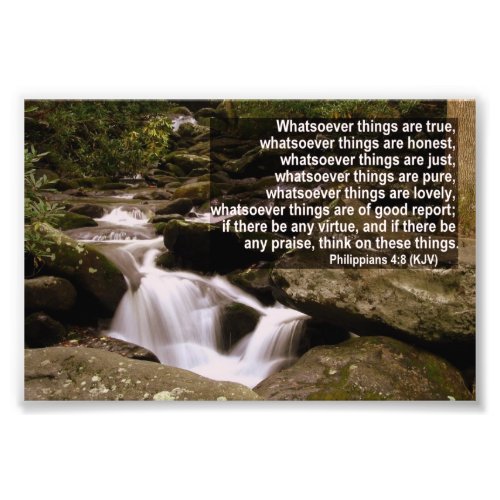 Smokey Mountain Waterfall With Phillipians 4:8 Photo Print