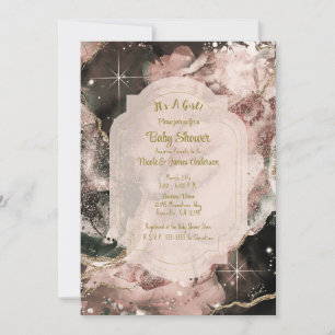 Smokey Pink Galaxy Watercolor Gold Celestial Baby Invitation