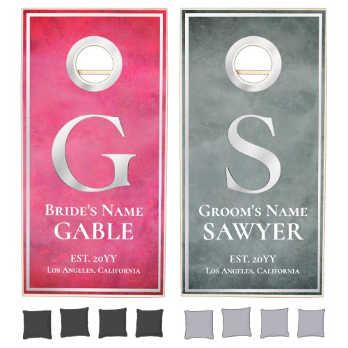 Smokey Pink Gray Metallic Bride Groom Monograms Cornhole Set