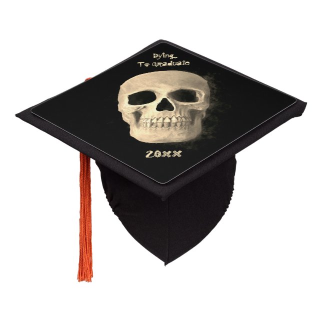 Smokey Skull Gothic Old Black Beige Macabre Graduation Cap Topper (Angled)