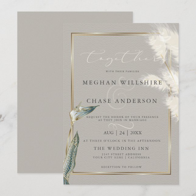 Smokey Teal Anthurium Pampas Grass Invitation (Front/Back)