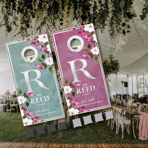 Smokey Teal Magenta Floral Letter R Monogram  Cornhole Set